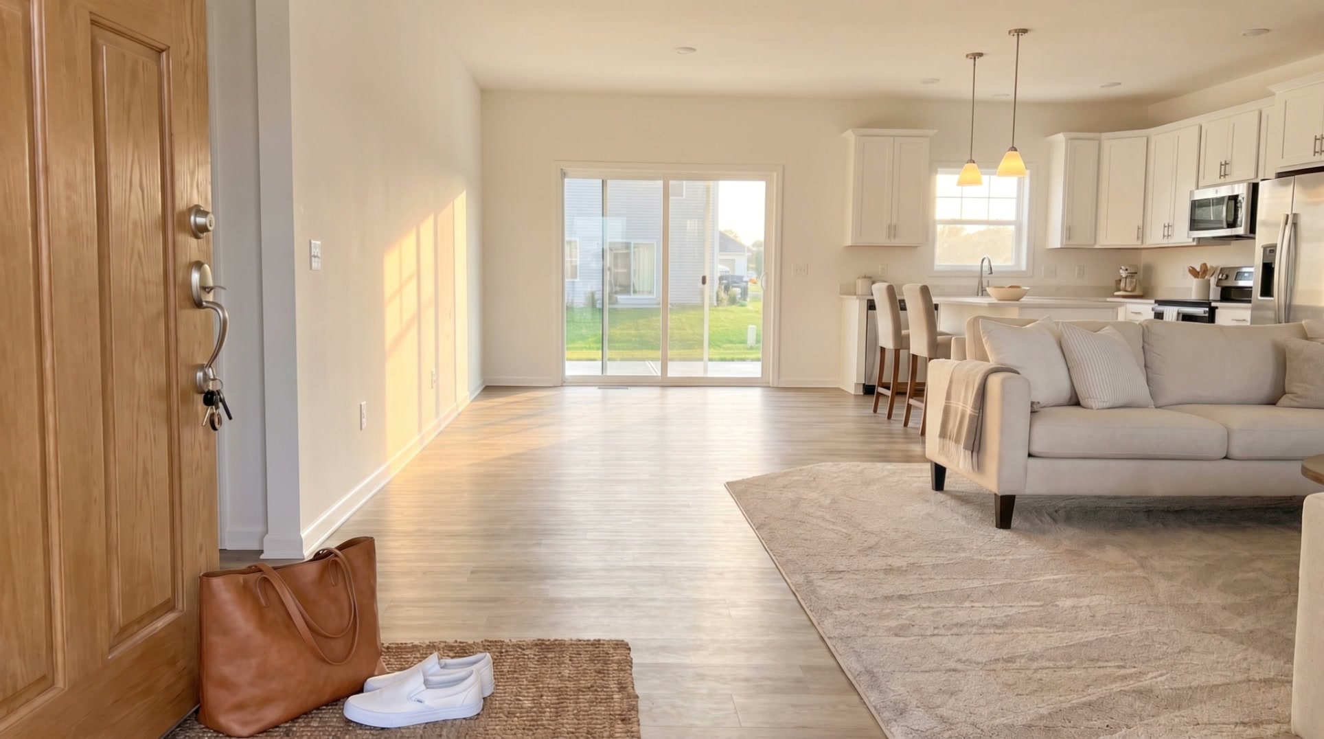 An entry hall in late afternoon light, keys in the door and a bag set down, then the same hall cleaned